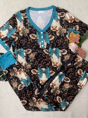 Women’s Black Floral Cow Print Pajama Set with Teal Trim
